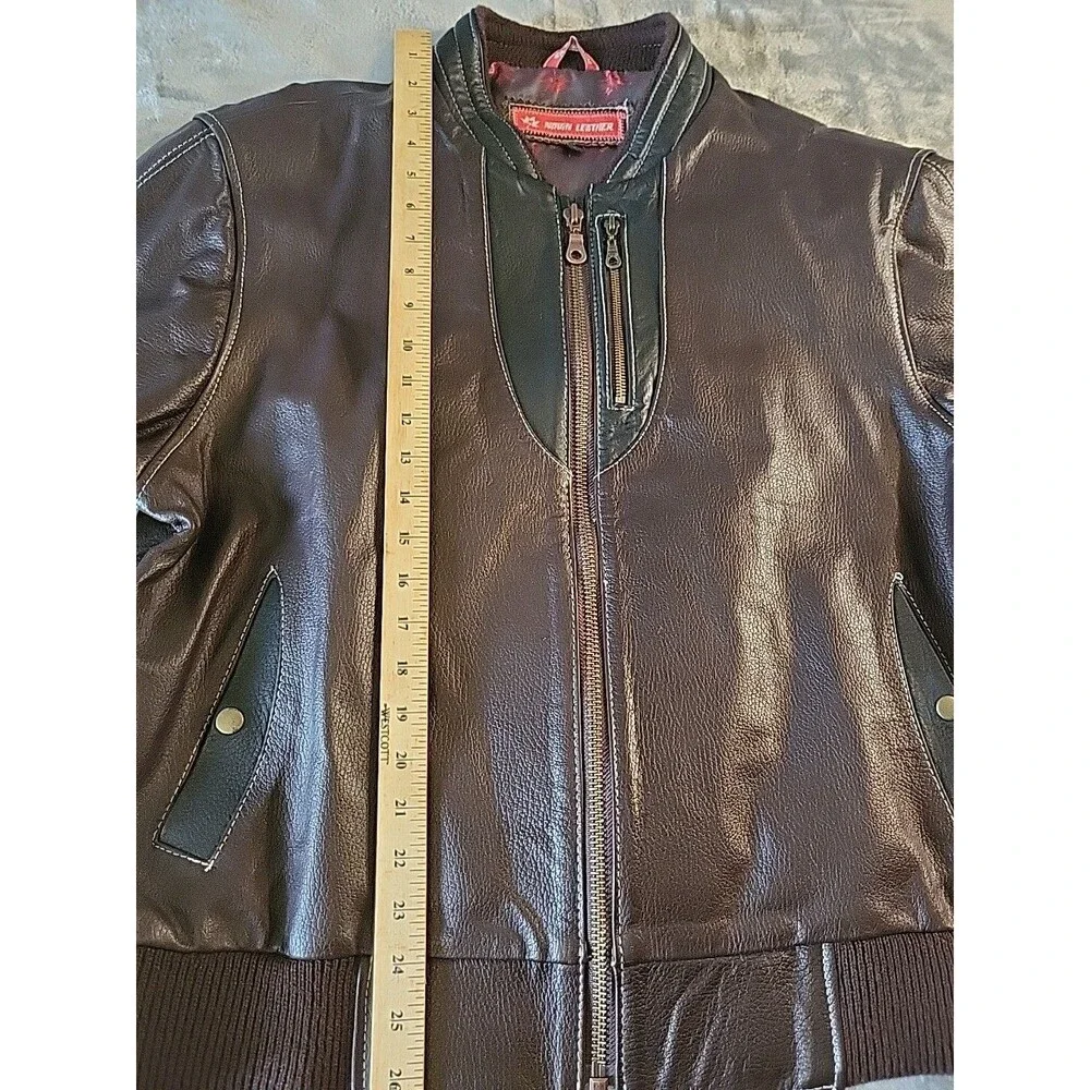 Novin Leather Jacket Men's Large  Brown  Black White Threading Inside Pockets